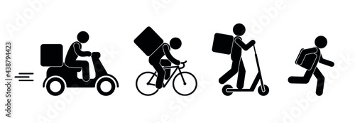 cargo delivery icon, courier carries an order, online food ordering, stick figure man pictogram, motorcycle, bike and scooter, vector illustration on white