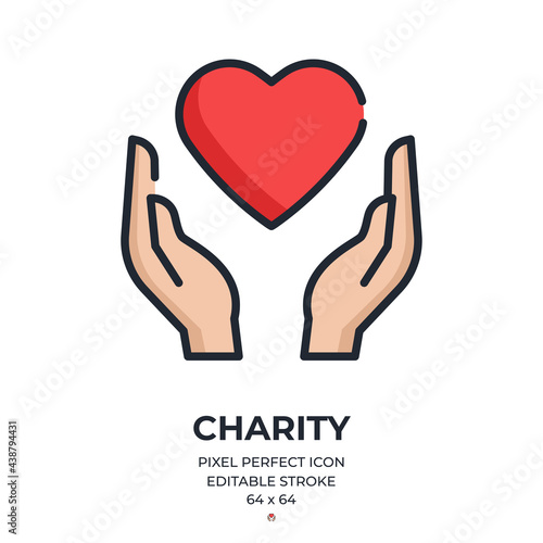 Charity concept. Hands with a heart symbol editable stroke outline icon isolated on white background flat vector illustration. Pixel perfect. 64 x 64.