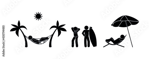 beach vacation illustration  summer time  stick figure people resting  tropical climate  man icon