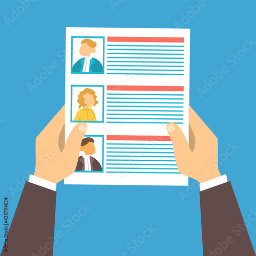 Hand holding paper sheet with list of job candidates vector isolated. Recruitment and human resources concept. Headhunting, searching for employee.