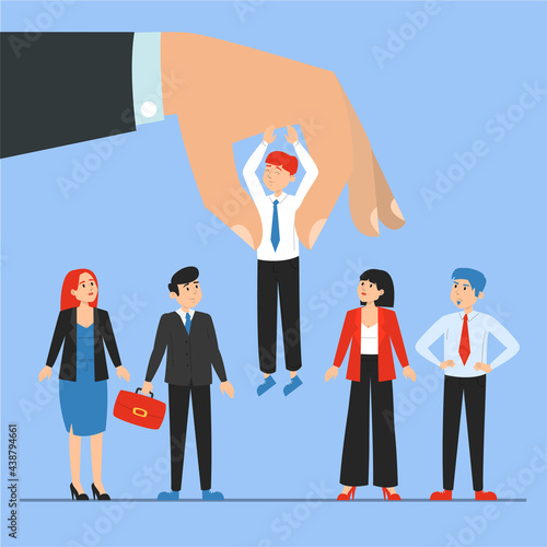 Giant hand choosing candidate for a job vector illustration. Idea of recruitment and human resources. Happy employee. Group of people