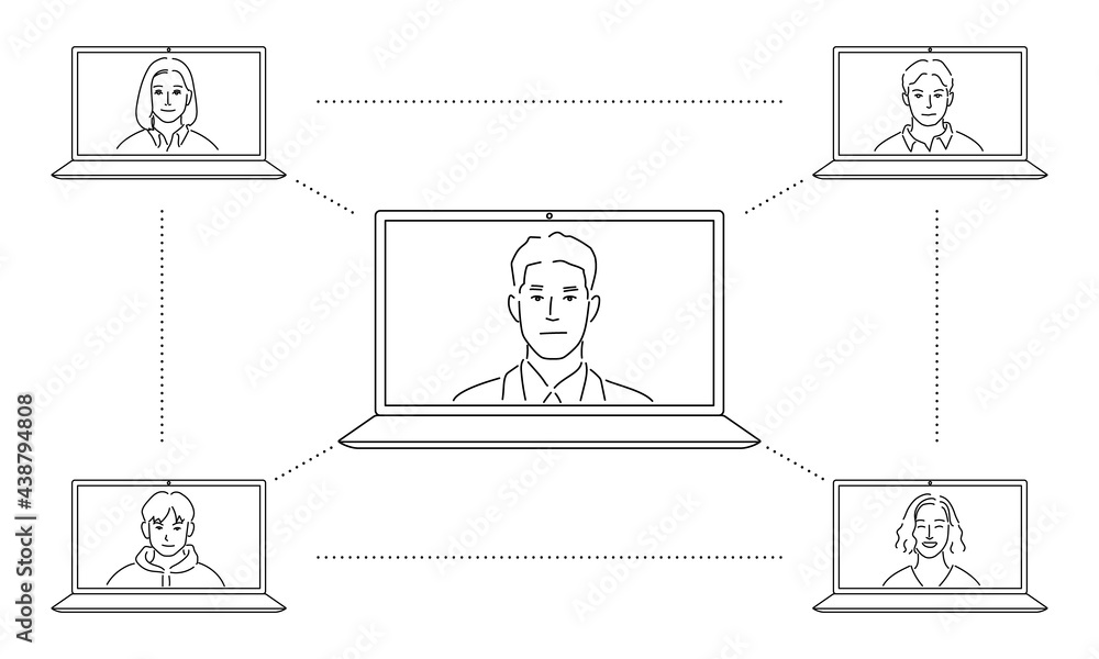 Illustrations of people having a remote online meeting (white background, vector, cut out, line art)