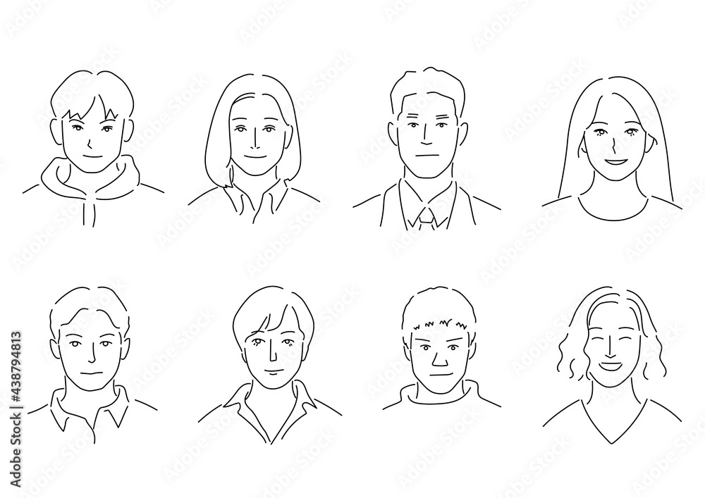 Illustration set of men and women with various faces (white background, vector, cut out, line art) Illustration set of men and women with various faces (white background, vector, cut out, line art)