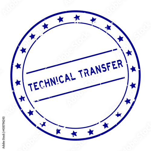 Grunge blue technical transfer word round rubber seal stamp on white background