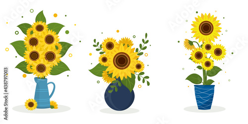 A set of three sunflower bouquets in a blue jug, a blue round vase and a blue vase with white stripes. Vector illustration for your design.