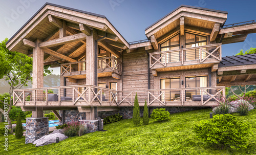 3d rendering of modern cozy chalet with pool and parking for sale or rent. Massive timber beams columns. Beautiful forest mountains on background. Clear summer evening with cozy light from window