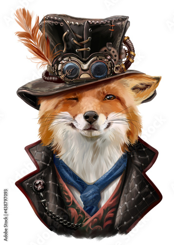Sly fox in steampunk clothes. Watercolor drawing photo