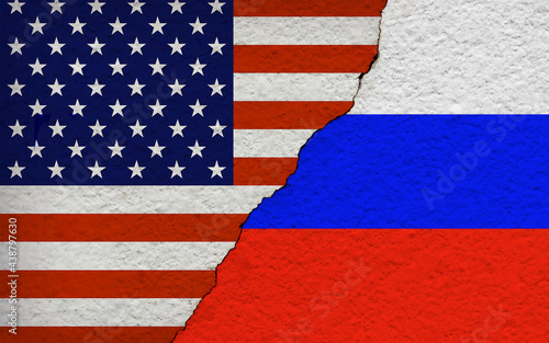 concept crack between USA and Russia flags politics news illustration , diplomatic relations between Russian Federation and United States of America