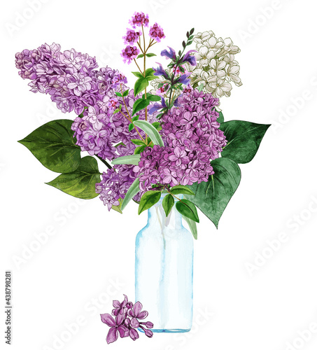 Fototapeta Hand drawn vector Lush lilac bouquet in glass bottle