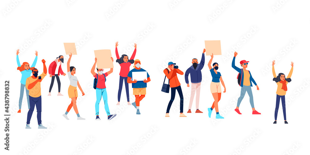 Activists with placards, peaceful rights protest, manifestation, men and women parade participation. Parade rights, adult picket and strike. People hold banners. Cartoon Flat vector illustration. Activists with placards, peaceful rights protest, manifestation, men and women parade participation. Parade rights, adult picket and strike. People hold banners. Cartoon Flat vector illustration.