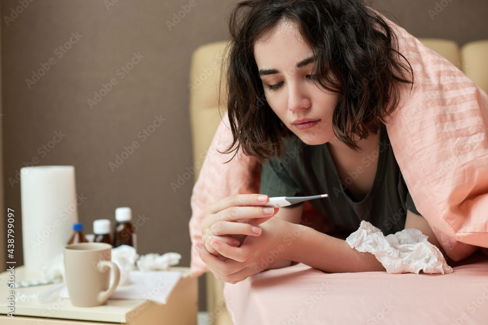sick girl having influenza symptoms coughing at home sick girl having influenza symptoms coughing at home