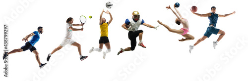 Sport collage. Tennis, basketball, american football, volleyball, gymnastics, running men and women in motion