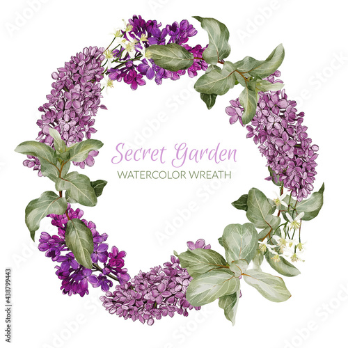 Lilac wreath. Hand drawn vector watercolor illustration