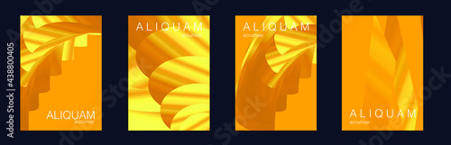 Fluid Minimal Cover. Fortuna Gold and Yellow 1990 Paper Gradient Backdrop. Vintage Design Set of Vector Backgrounds for Business Flyers. Luxury Abstract Brochure. Liquid Texture for Foil Label.