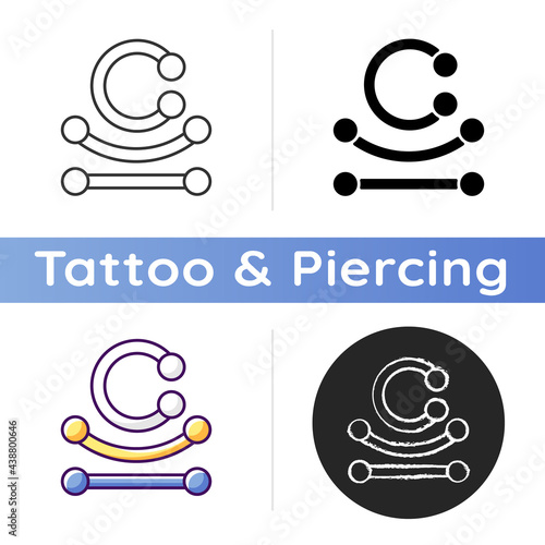 Piercing jewelry icon. Type of jewellery specially designed to be wore on human body. Modern style. Valuable piercing. Linear black and RGB color styles. Isolated vector illustrations