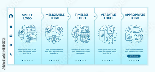 Fundamental logo design rules onboarding vector template. Responsive mobile website with icons. Web page walkthrough 5 step screens. Memorable, timeless logo color concept with linear illustrations