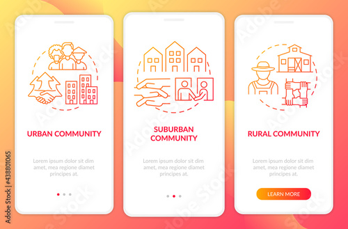 Population types onboarding mobile app page screen with concepts. Urban, suburban communities walkthrough 3 steps graphic instructions. UI, UX, GUI vector template with linear color illustrations