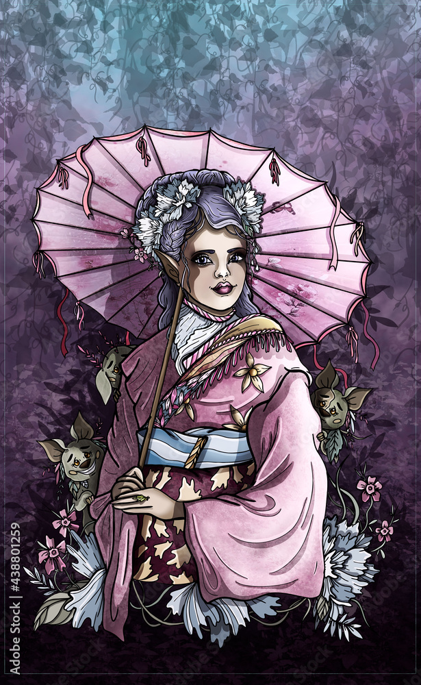 Fototapeta premium Fairytale forest girl with a big umbrella in his hands in a japanese mantle with wide sleeves and ornaments, elf with a beautiful braided hairstyle and flowers in hair, with little hares in the garden