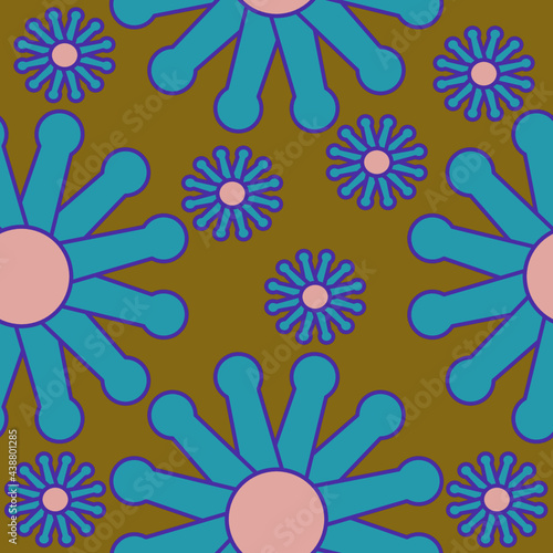 Seamless pattern of abstract blue daisies on an olive background for textile. © smena16