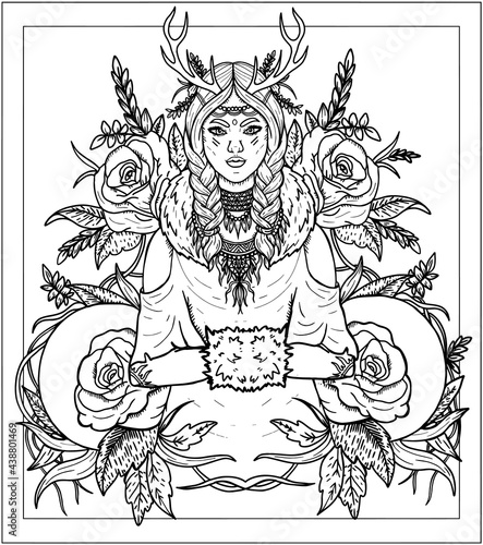 Beautiful fairytale character in blooming roses and vegetation, girl from the North with deer antlers and wide pigtails, with fur collar and glove, with a large ethnic decoration on the neck.