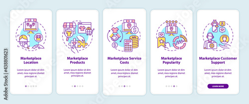 Marketplace choice parameters onboarding mobile app page screen. Location, products walkthrough 5 steps graphic instructions with concepts. UI, UX, GUI vector template with linear color illustrations