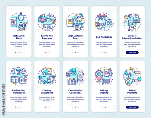 Online marketplace onboarding mobile app page screens set. E-commerce services walkthrough 5 steps graphic instructions with concepts. UI, UX, GUI vector template with linear color illustrations