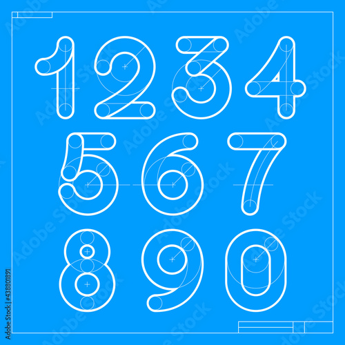 Blueprint sketch numbers set with construction lines.