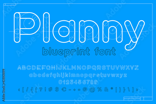 Blueprint sketch alphabet with construction lines.