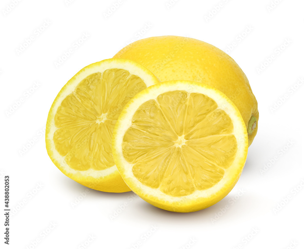 Ripe lemon fruit and sliced isolated on white background.