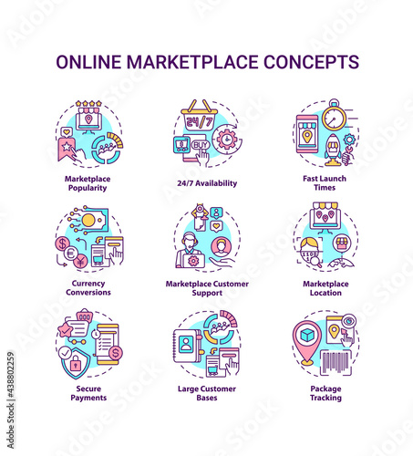 Online marketplace concept icons set. 24 7 availability idea thin line color illustrations. Customer support. Secure payment. Large customer bases. Vector isolated outline drawings. Editable stroke