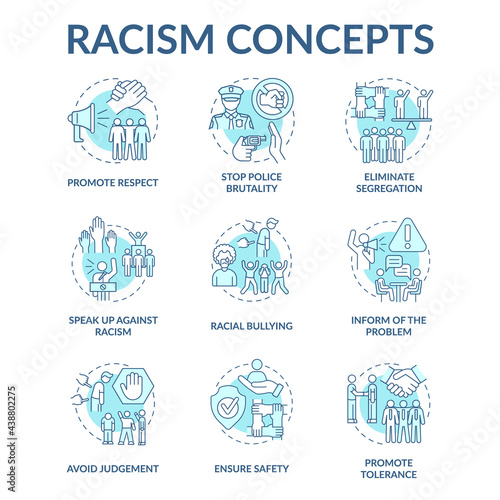 Racism concept icons set. Fighting racial discrimination, intolerance idea thin line color illustrations. Stop police brutality. Avoiding judgement. Vector isolated outline drawings. Editable stroke