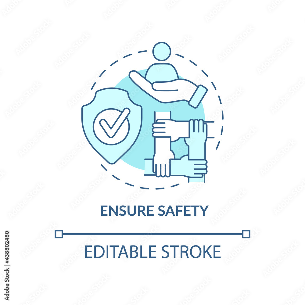 Ensure safety concept icon. Racism at work abstract idea thin line illustration. Promoting racial equity. Supporting migrant workers. Vector isolated outline color drawing. Editable stroke