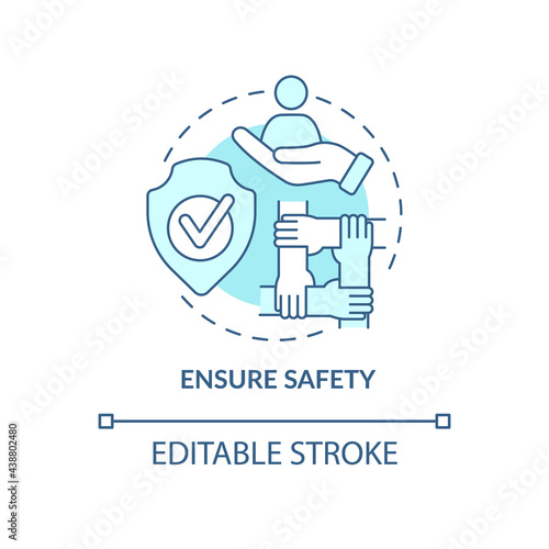 Ensure safety concept icon. Racism at work abstract idea thin line illustration. Promoting racial equity. Supporting migrant workers. Vector isolated outline color drawing. Editable stroke