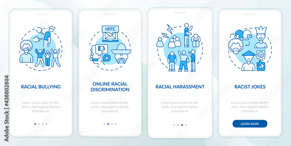 Racism in society onboarding mobile app page screen. Racial harassment walkthrough 4 steps graphic instructions with concepts. UI, UX, GUI vector template with linear color illustrations Racism in society onboarding mobile app page screen. Racial harassment walkthrough 4 steps graphic instructions with concepts. UI, UX, GUI vector template with linear color illustrations