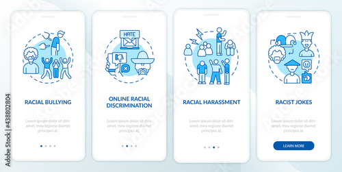 Racism in society onboarding mobile app page screen. Racial harassment walkthrough 4 steps graphic instructions with concepts. UI, UX, GUI vector template with linear color illustrations