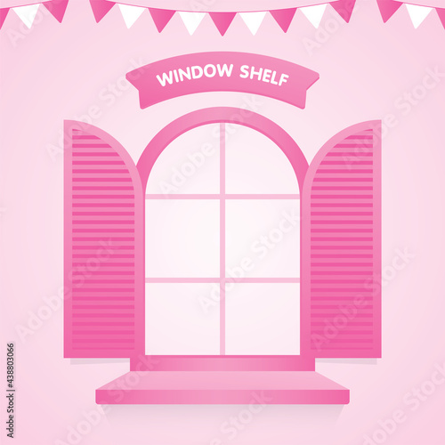 Girly pink window with shelf and sign on pastel background 3d illustration vector for putting your object