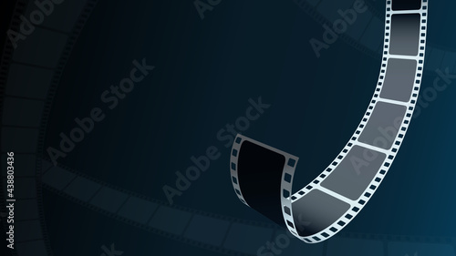 Modern cinema background with film strip. Realistic 3d film strip in perspective. 3D isometric film strip. Design cinema movie festival poster. Template for festival modern cinema with place for text.