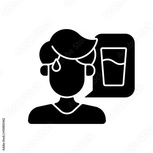 Thirst black glyph icon. Dehydration symptom during heat wave. Sign of heatstroke. Lack of water. Sweating man thinking of drink. Silhouette symbol on white space. Vector isolated illustration
