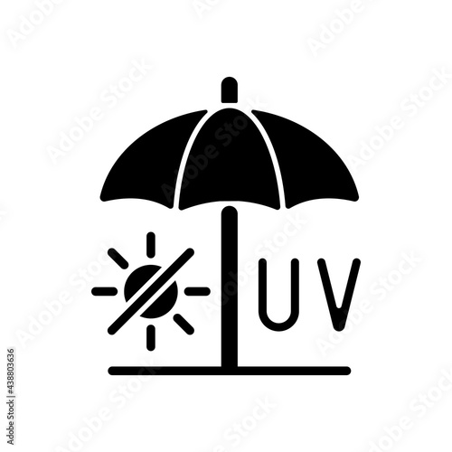 Seek shade black glyph icon. Hide under umbrella while on beach during summer. UV rays protection to avoid heatstroke. No sun exposure. Silhouette symbol on white space. Vector isolated illustration