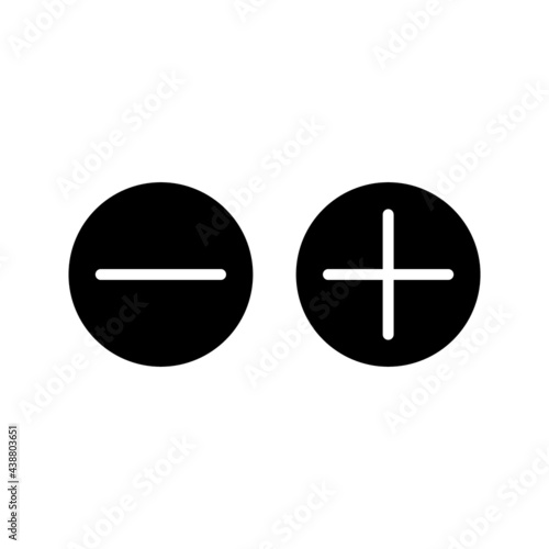 Vector illustration of plus and minus, black and white plus and less symbols on white background