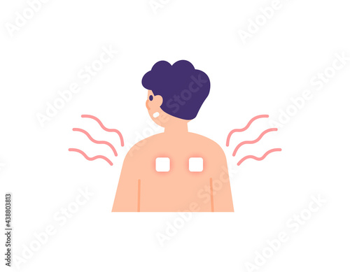 illustration of a man wearing a transdermal patch to relieve shoulder aches and pains. warm up. external medicine. treatment. flat style. vector design photo