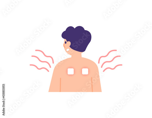 illustration of a man wearing a transdermal patch to relieve shoulder aches and pains. warm up. external medicine. treatment. flat style. vector design