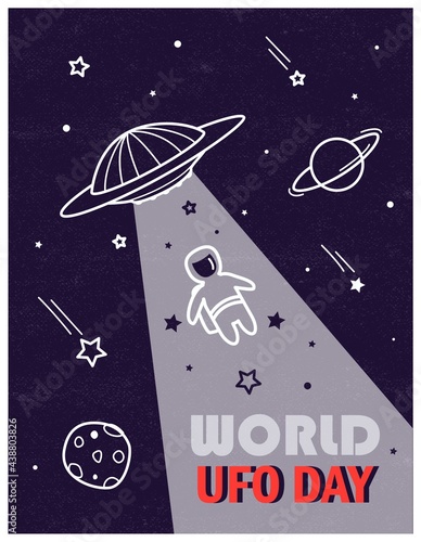 Postcard or poster for world ufo day. Alien space flying ship illuminating cosmonaft flies near planets and kamets against a blue sky with stars. Space background. Retro style. photo