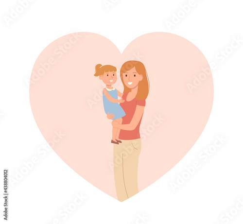 Mother stands with her daughter in her arms, a heart in the background.