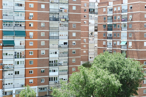 Buildings in suburb neighbourhood occupied mostly by elderly residents. Barrio del Pilar district, place with the biggest density of occupation in Europe. Cheap, poor constructions in Madrid, Spain