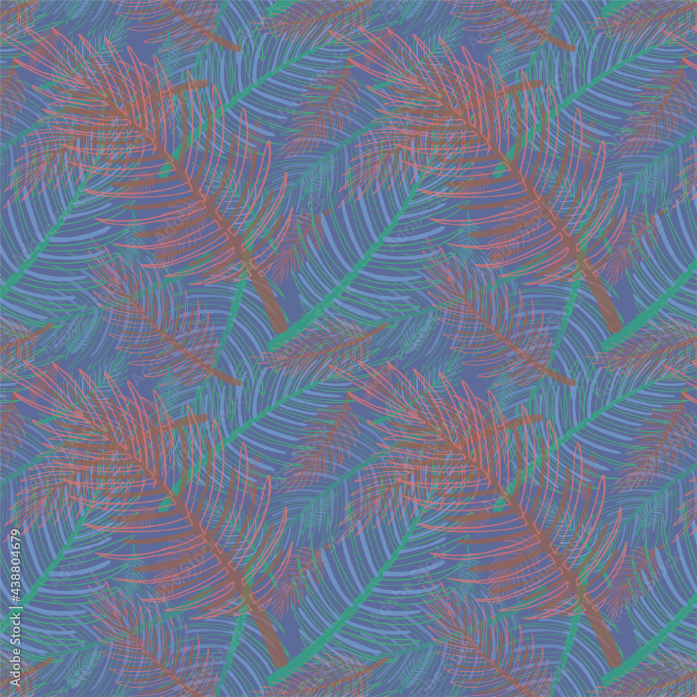 Palm leaves. Tropical seamless background pattern. Graphic design with colorful palm leaves of different sizes and colours suitable for fabrics, packaging, covers, posters, backgrounds Palm leaves. Tropical seamless background pattern. Graphic design with colorful palm leaves of different sizes and colours suitable for fabrics, packaging, covers, posters, backgrounds