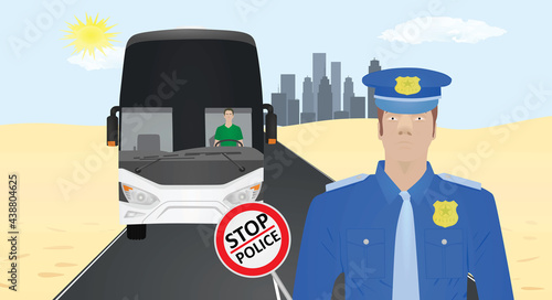 Policeman stops bus to control. vector