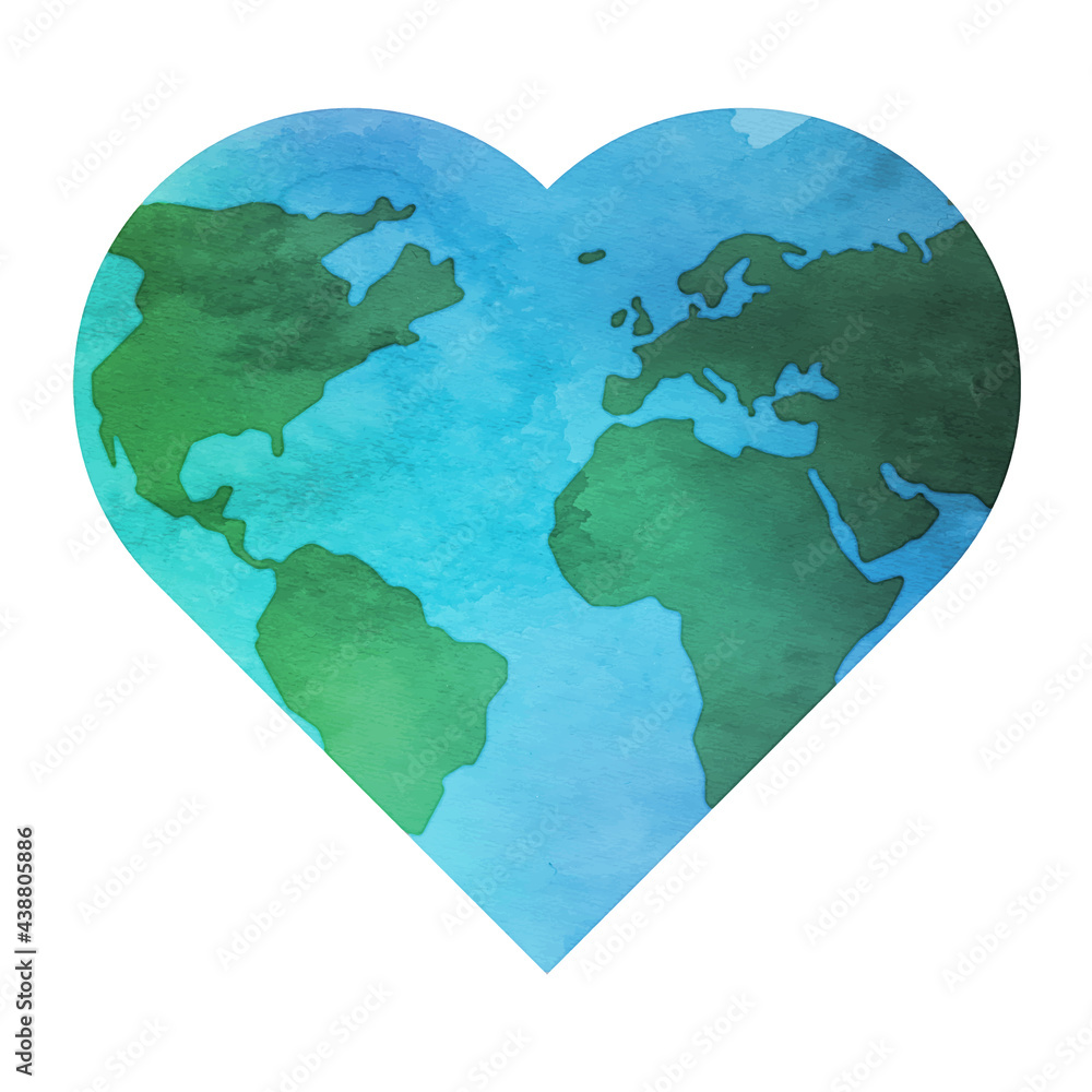 pastel drawing of heart shaped world map, save the planet or sustainable lifestyle label, vector illustration