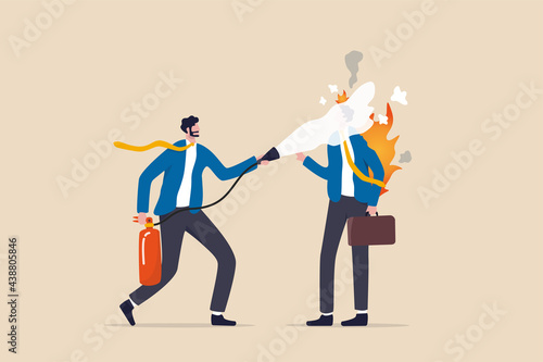 Mentorship or support to help employee burnout, fatigue or overworked, people management or brain cool down to reduce anxiety concept, businessman put fire extinguisher on his burnout colleague.
