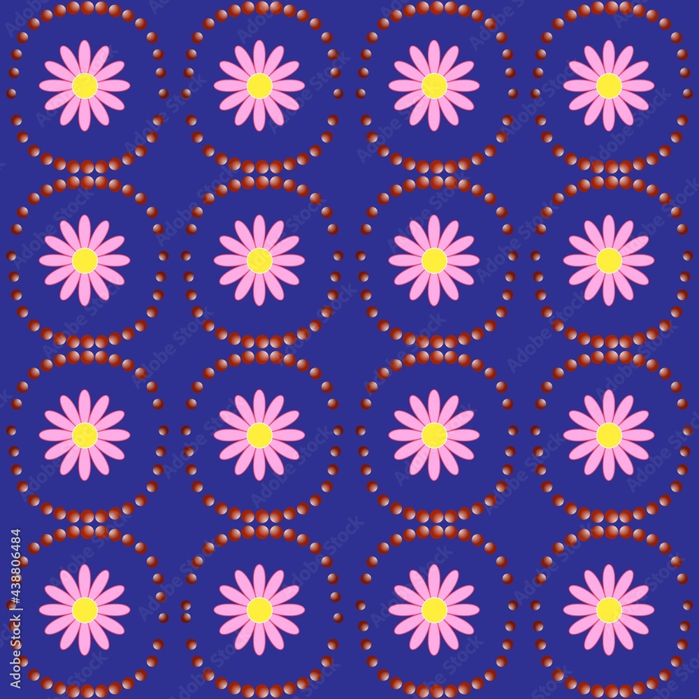Summer pattern with color flower in circle on blue